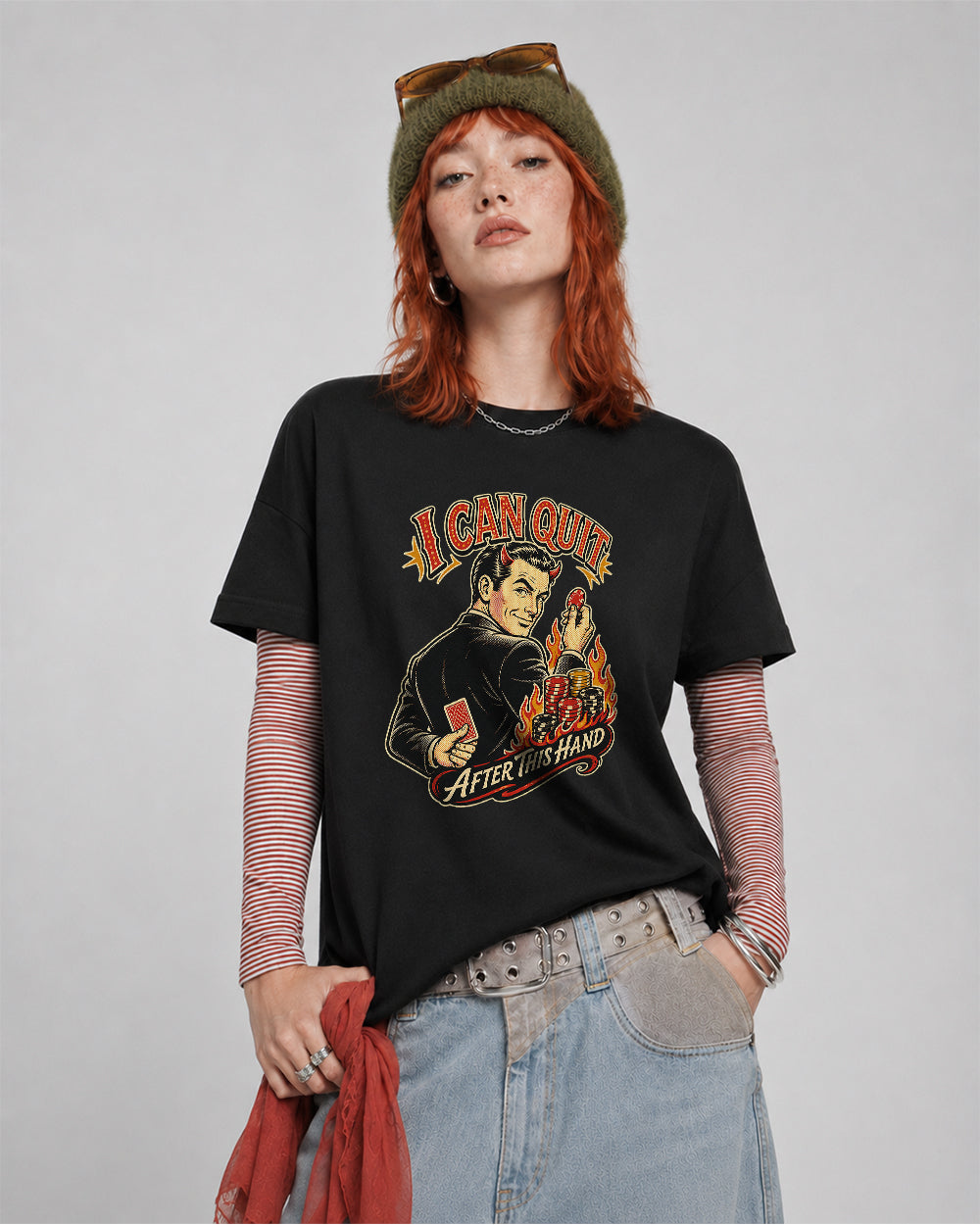 I Can Quit After This Hand Retro Graphic T-Shirt in Black, front model view 1
