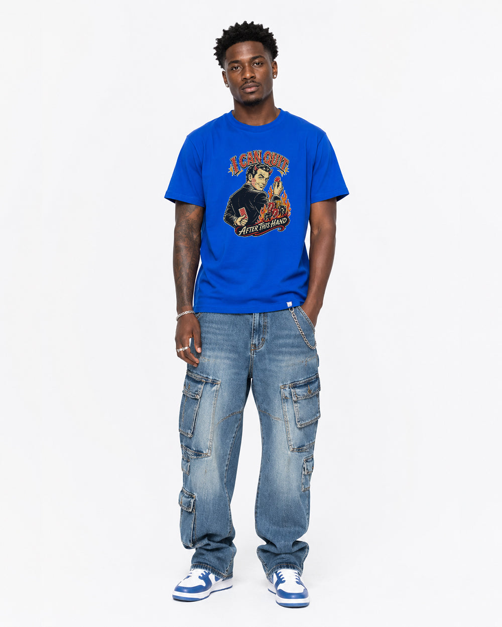I Can Quit After This Hand Retro Graphic T-Shirt in Blue, front model view 5