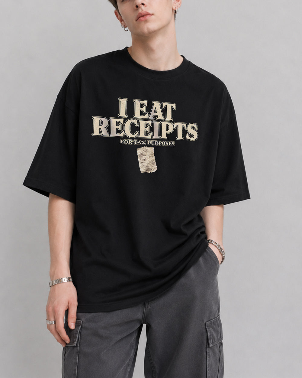 I Eat Receipts Graphic T-Shirt in Black, front model view 2