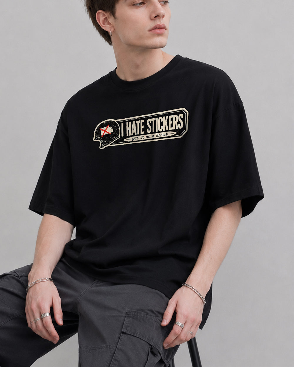 I Hate Stickers, Put It On A Shirt Pop Culture Graphic T-Shirt in Black, front model view 1