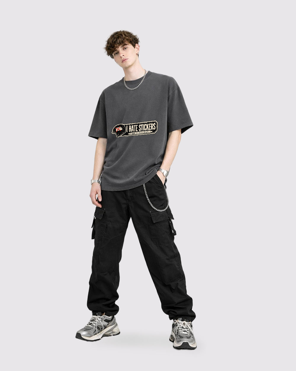I Hate Stickers, Put It On A Shirt Pop Culture Graphic T-Shirt, full body fit view, image 2