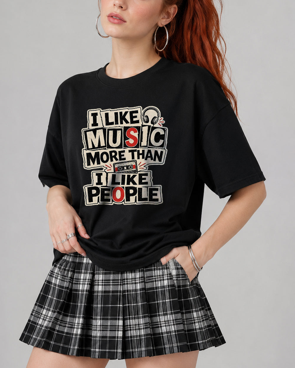 I Like Music More Than I Like People Pop Culture Graphic T-Shirt in Black, front model view 1
