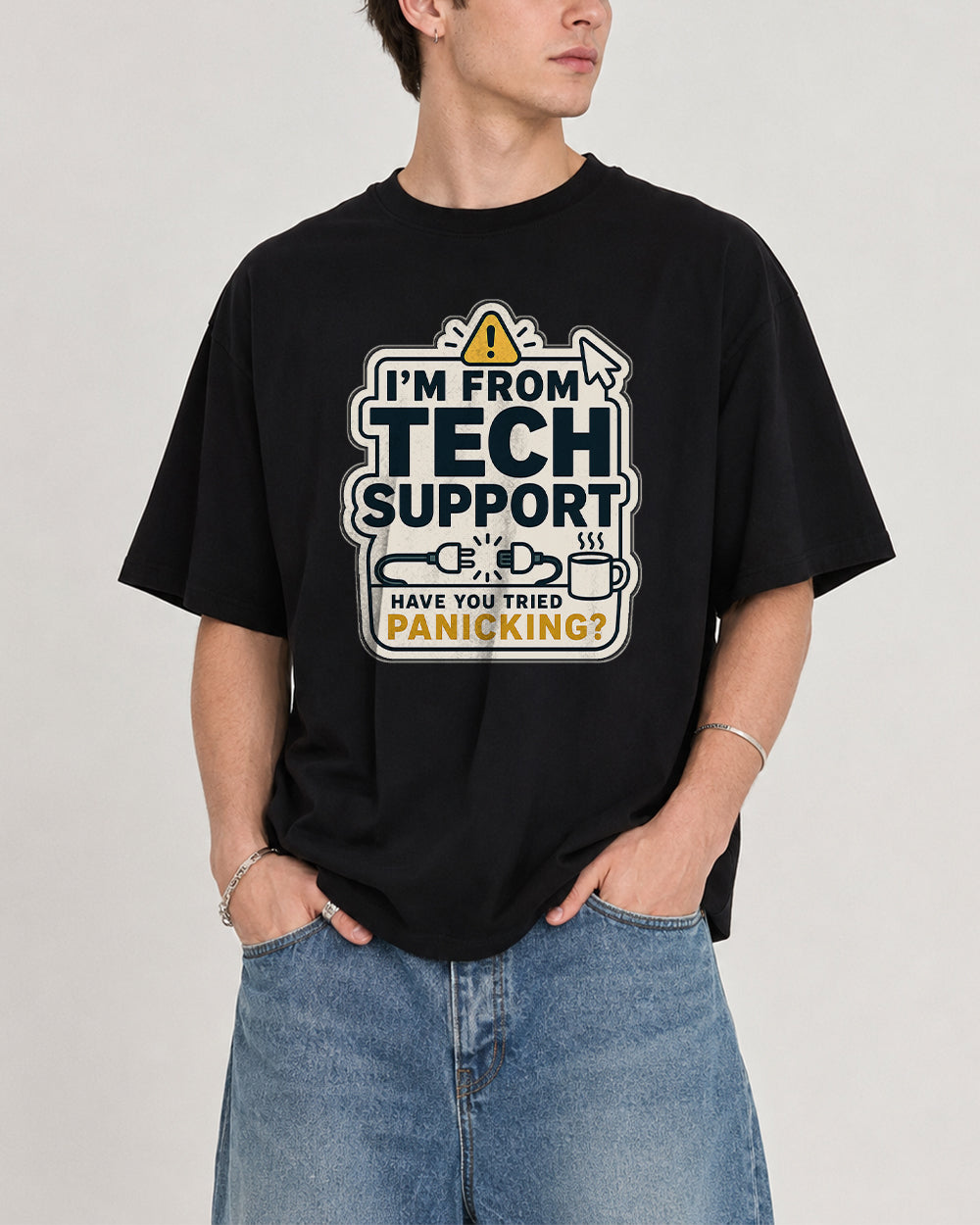I'm From Tech Support Pop Culture Graphic T-Shirt in Black, front model view 1