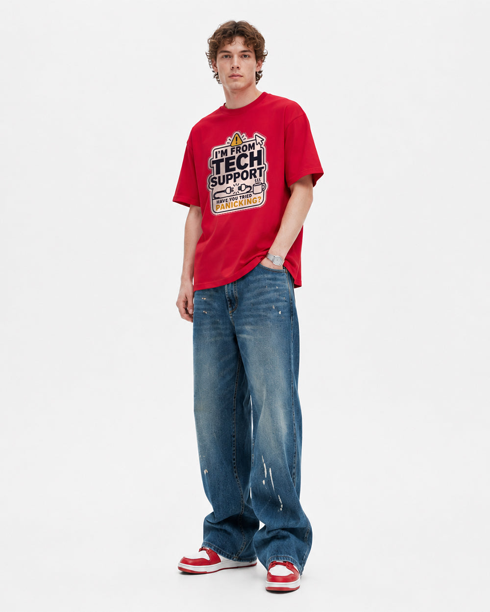 I'm From Tech Support Pop Culture Graphic T-Shirt in Red, front model view 5