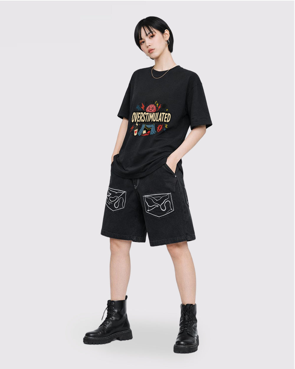I'm Overstimulated Funny Graphic T-Shirt, full body fit view, image 2