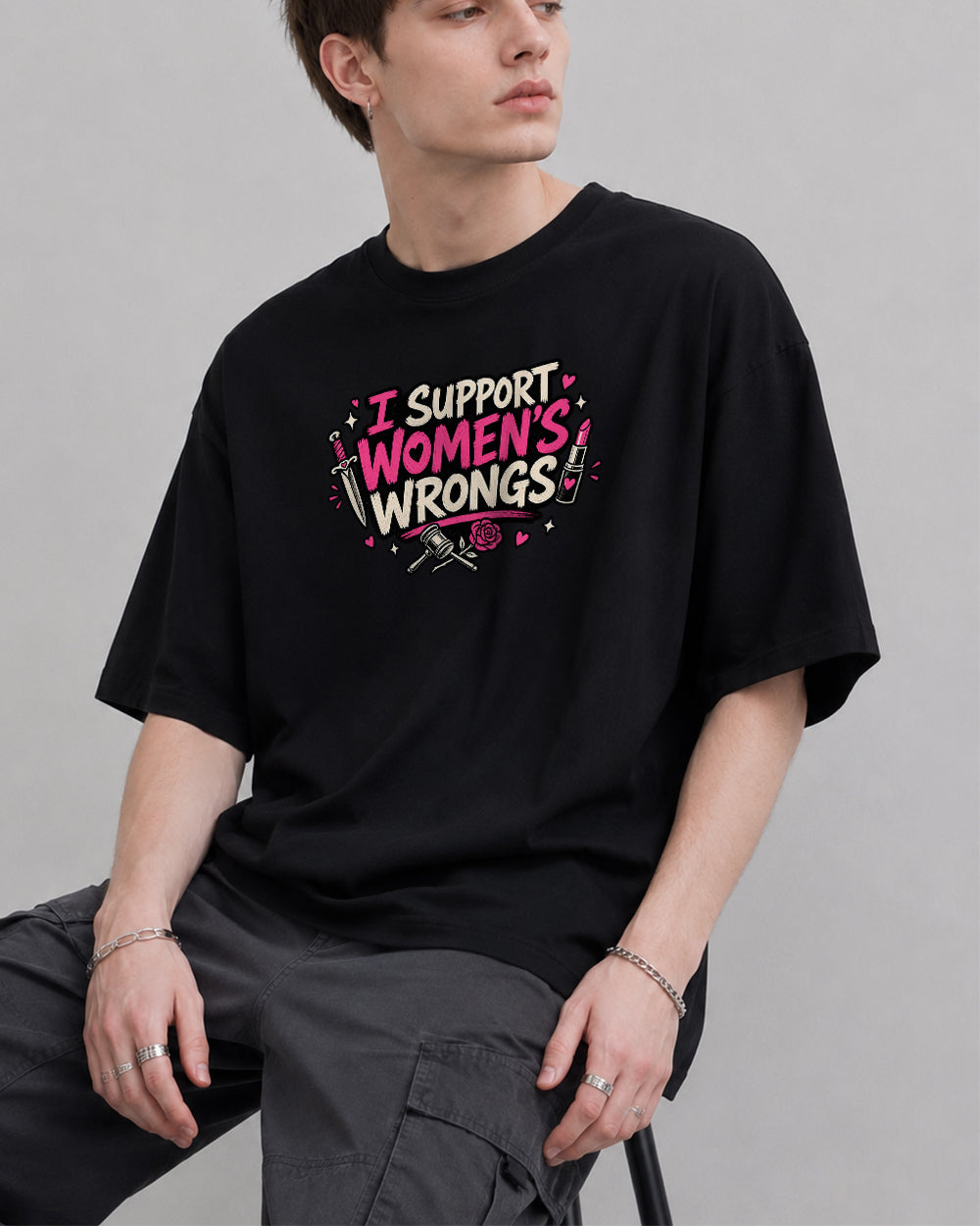 I Support Womens Wrongs Graphic T-Shirt in Black, front model view 1