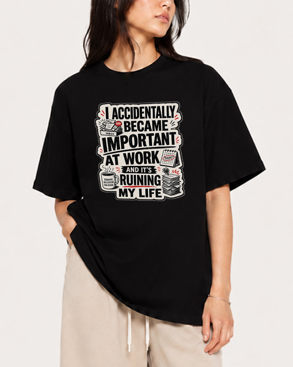 Important By Accident, Inbox Full Pop Culture Graphic T-Shirt in Black, front model view 1