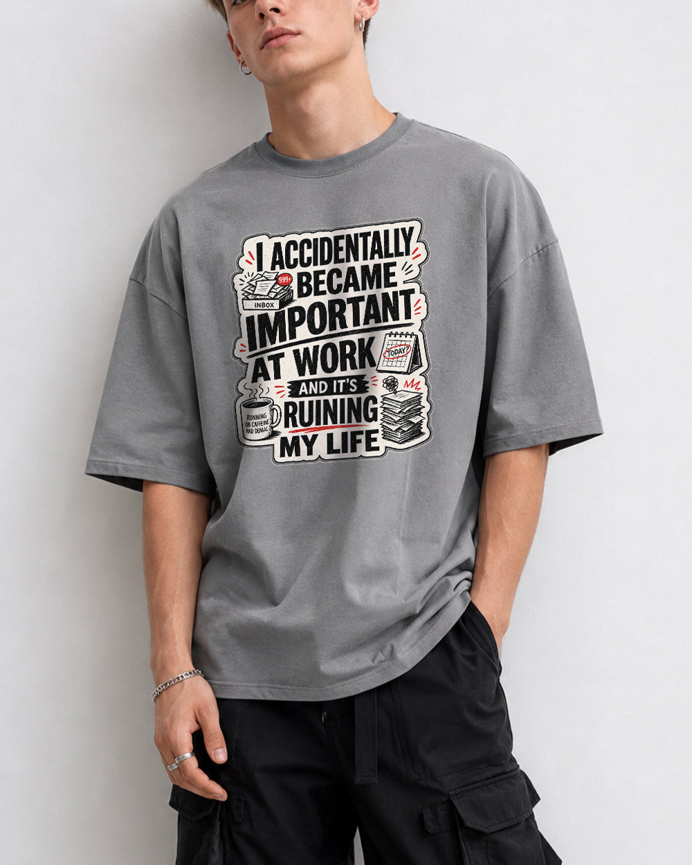 Important By Accident, Inbox Full Pop Culture Graphic T-Shirt in Gray, front model view 3