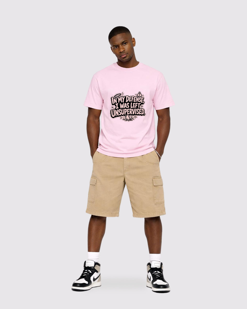 In My Defense, I Was Left Unsupervised Pop Culture Graphic T-Shirt, full body fit view, image 2