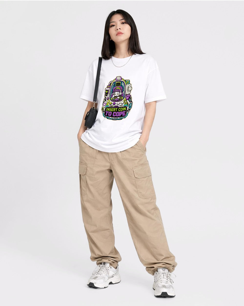 Insert Coin to Cope Gaming Graphic T-Shirt, full body fit view, image 2