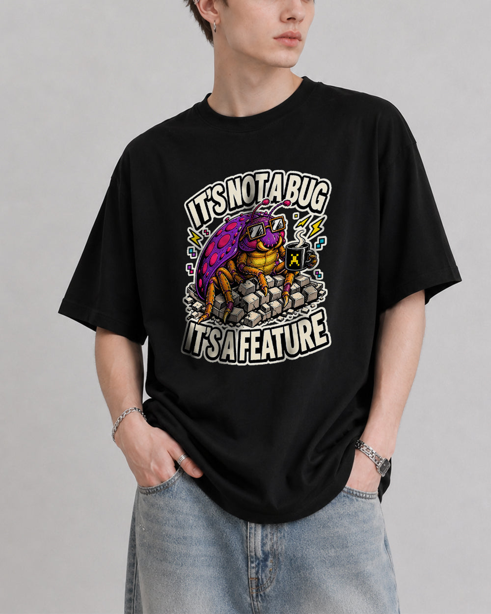 It's Not A Bug, It's A Feature Streetwear Graphic T-Shirt in Black, front model view 1