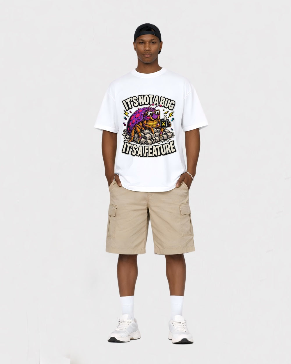 It's Not A Bug, It's A Feature Streetwear Graphic T-Shirt, full body fit view, image 2