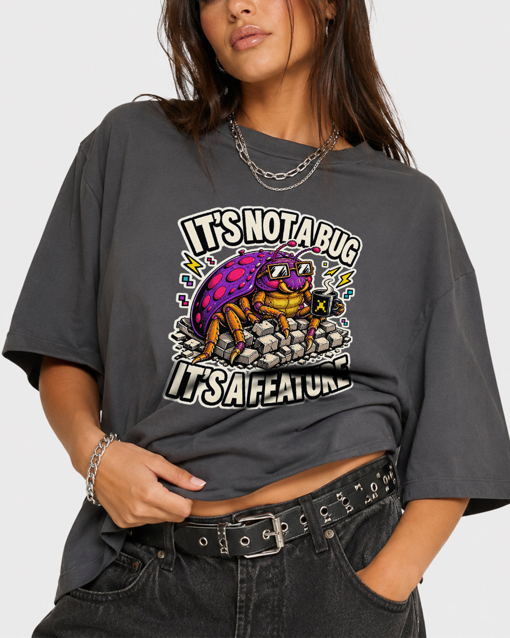It's Not A Bug, It's A Feature Streetwear Graphic T-Shirt in Gray, front model view 3