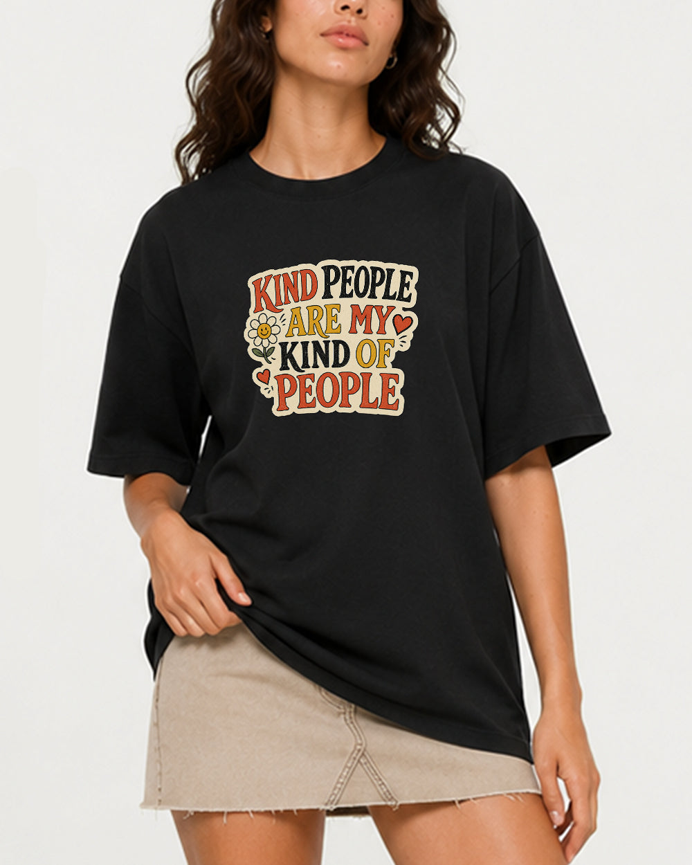 Kind People Are My Kind of People Pop Culture Graphic T-Shirt in Black, front model view 1