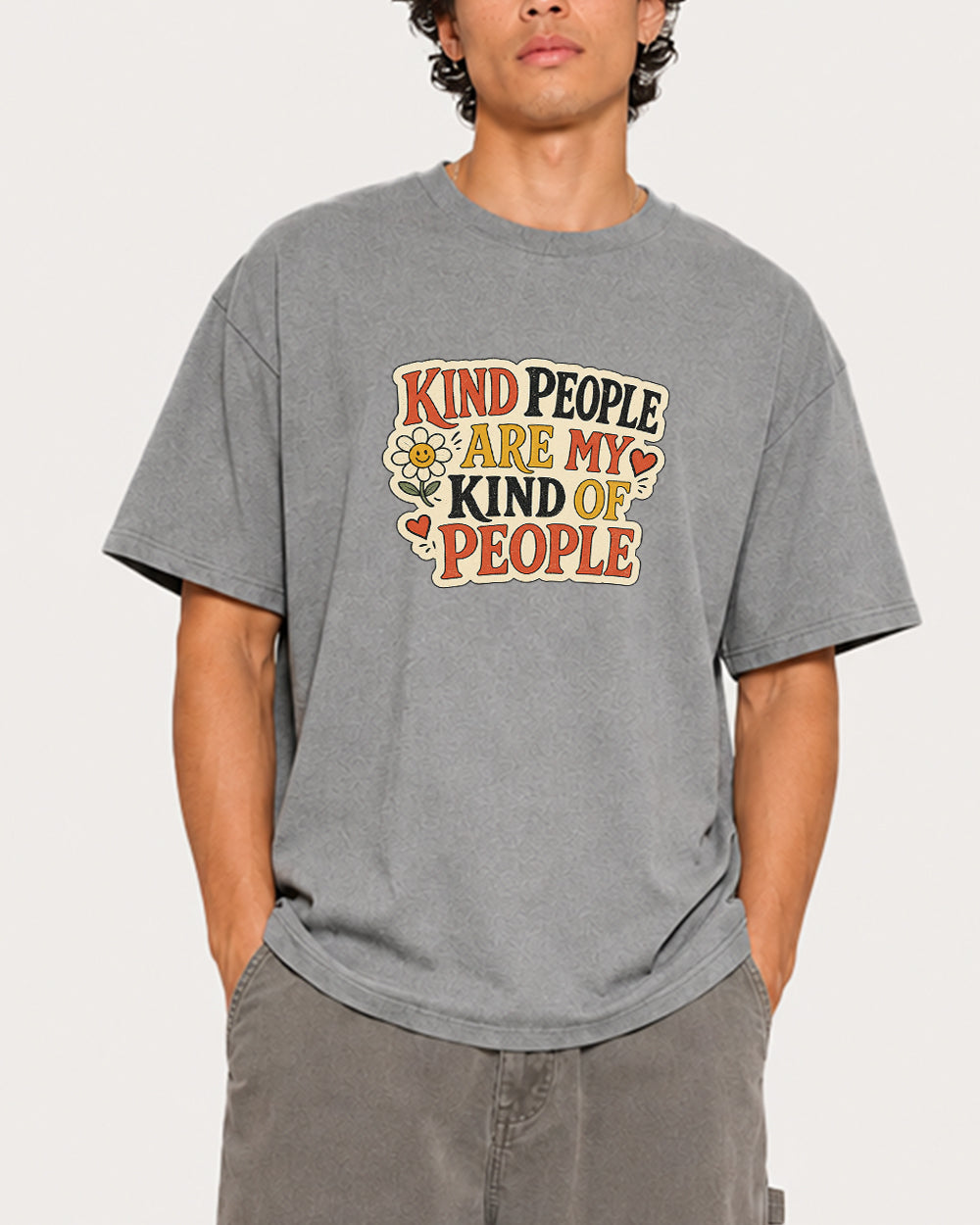Kind People Are My Kind of People Pop Culture Graphic T-Shirt in Gray, front model view 3