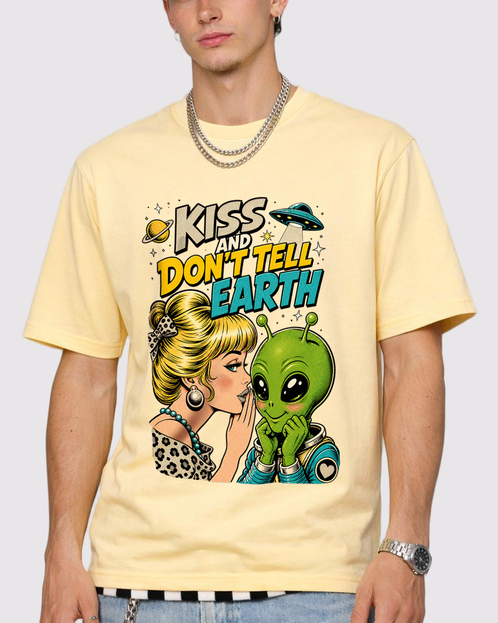 Kiss And Don't Tell Earth Retro Graphic T-Shirt, primary front view, image 1