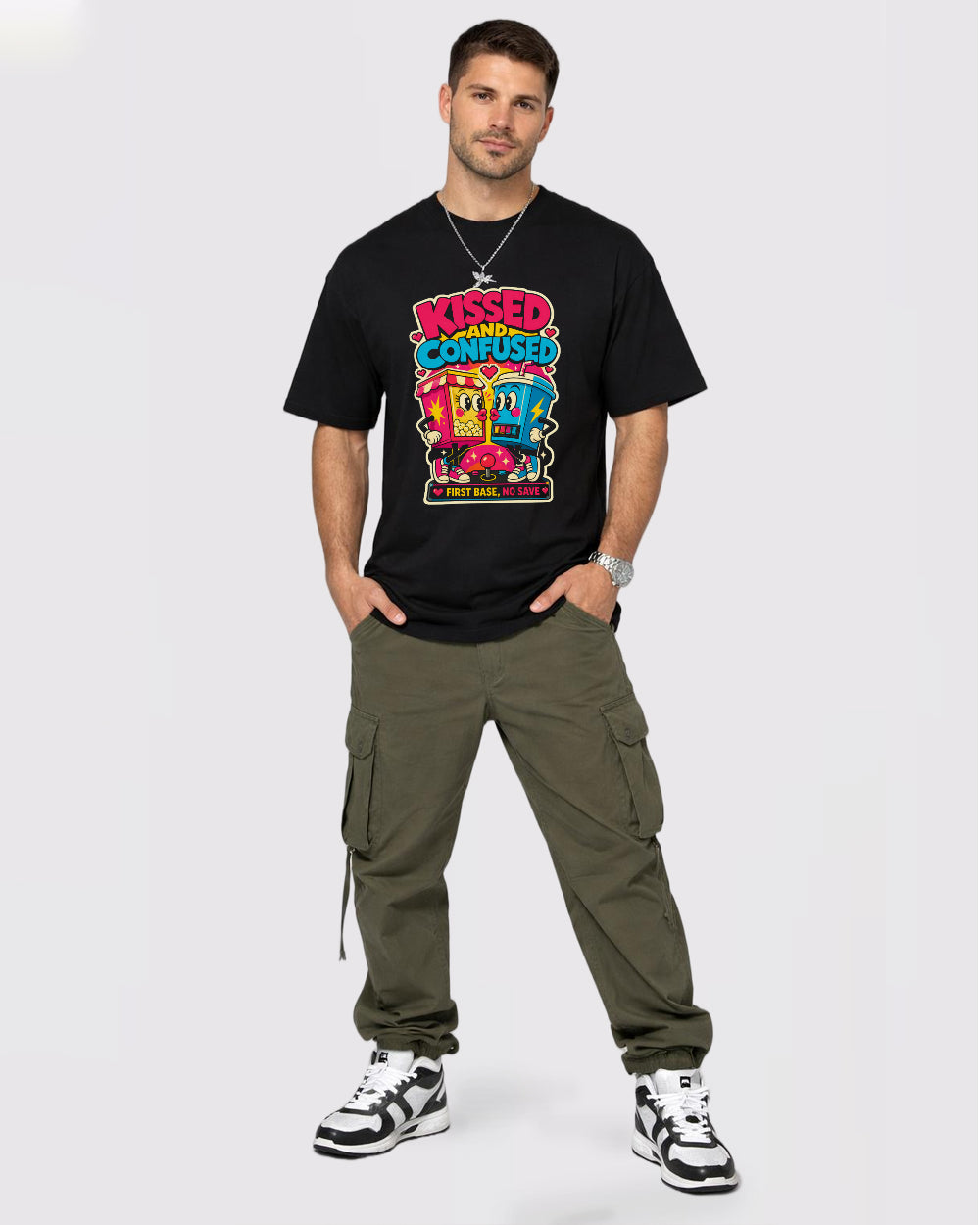 Kissed And Confused, First Base No Save Funny Graphic T-Shirt, full body fit view, image 2
