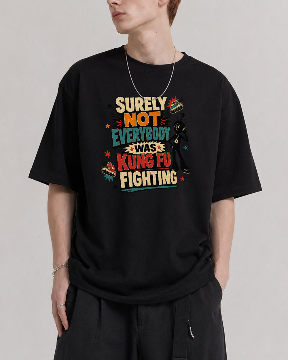 Kung Fu Fighting Dancer Pop Culture Graphic T-Shirt in Black, front model view 1