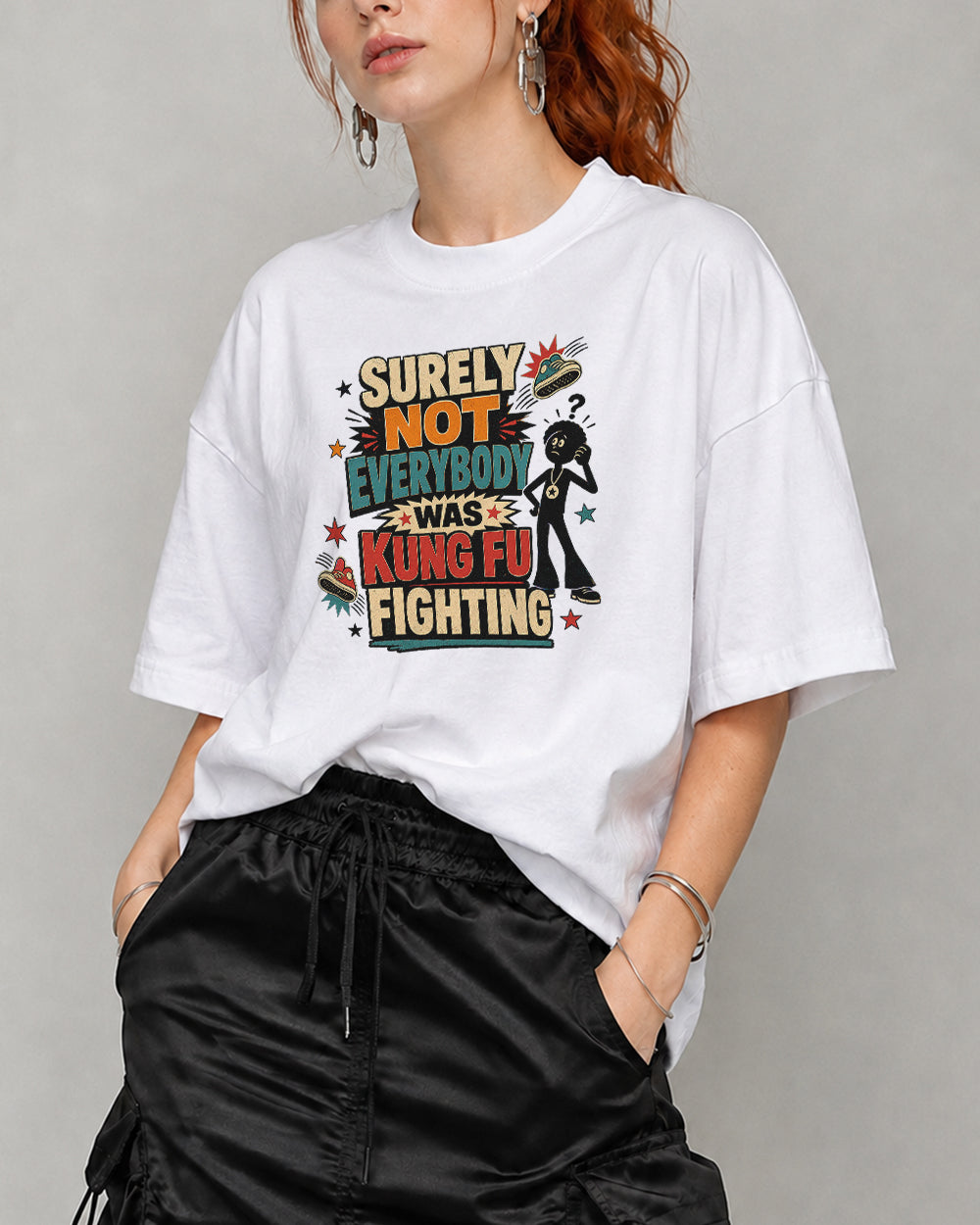 Kung Fu Fighting Dancer Pop Culture Graphic T-Shirt in White, front model view 7