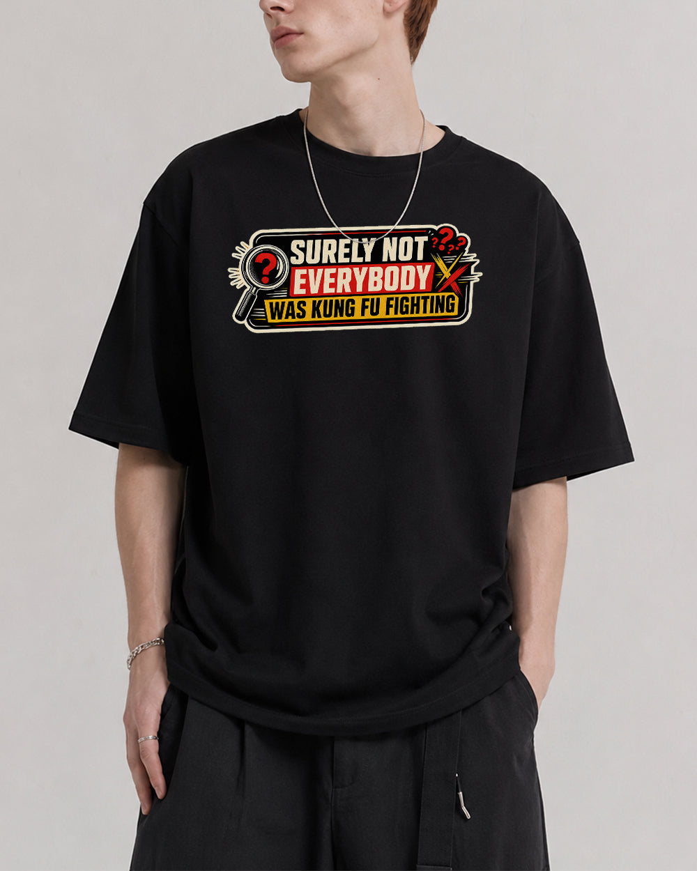 Kung Fu Fighting Detective Pop Culture Graphic T-Shirt in Black, front model view 1