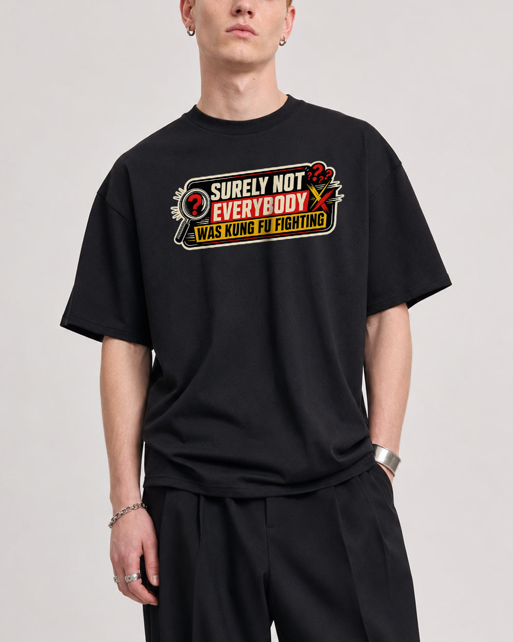 Kung Fu Fighting Detective Pop Culture Graphic T-Shirt in Black, front model view 2