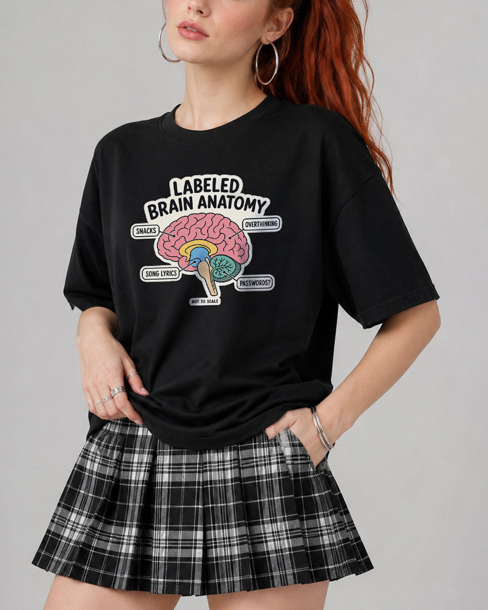 Labeled Brain Anatomy Overthinking Pop Culture Graphic T-Shirt in Black, front model view 1