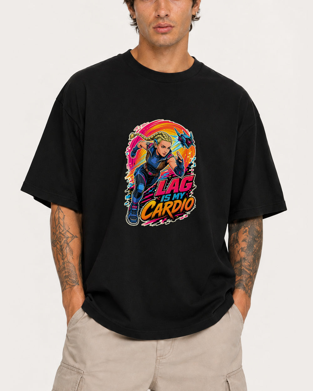 Lag Is My Cardio Streetwear Graphic T-Shirt in Black, front model view 1