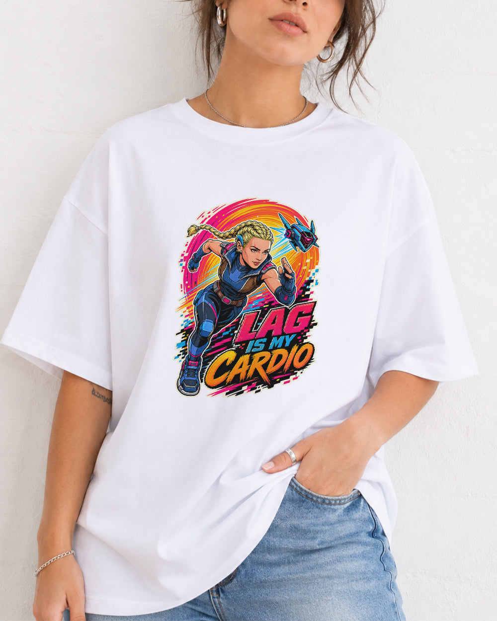 Lag Is My Cardio Streetwear Graphic T-Shirt in White, front model view 5