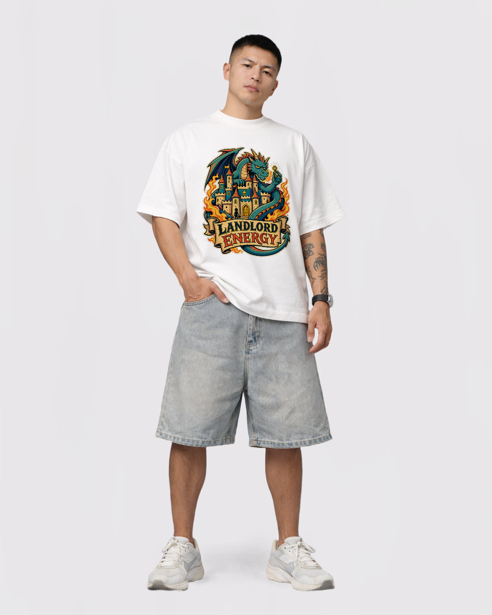 Landlord Energy Retro Graphic T-Shirt, full body fit view, image 2