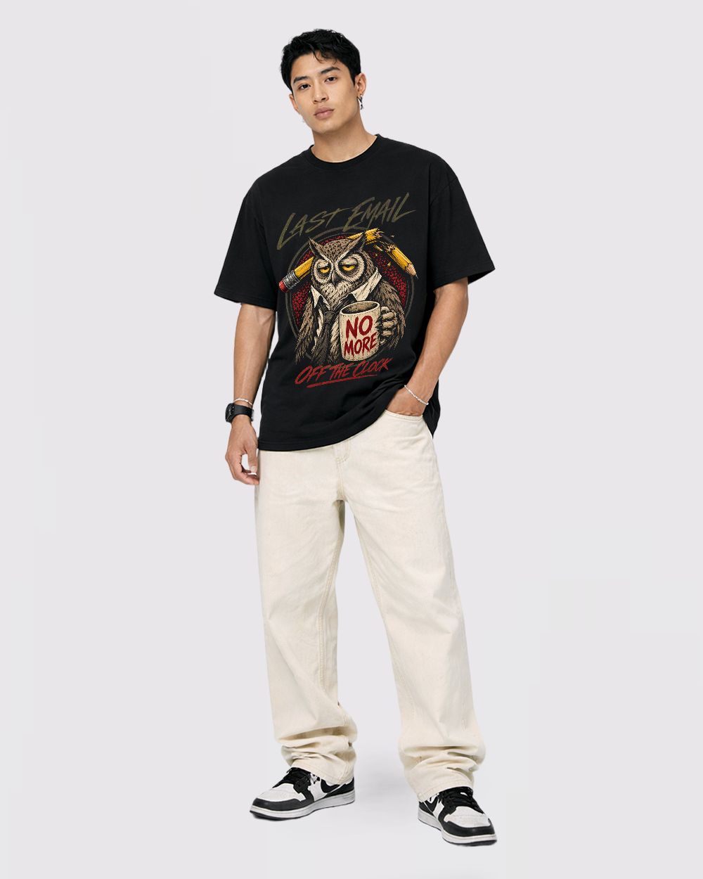 Last Email, No More Off The Clock Retro Graphic T-Shirt, full body fit view, image 2