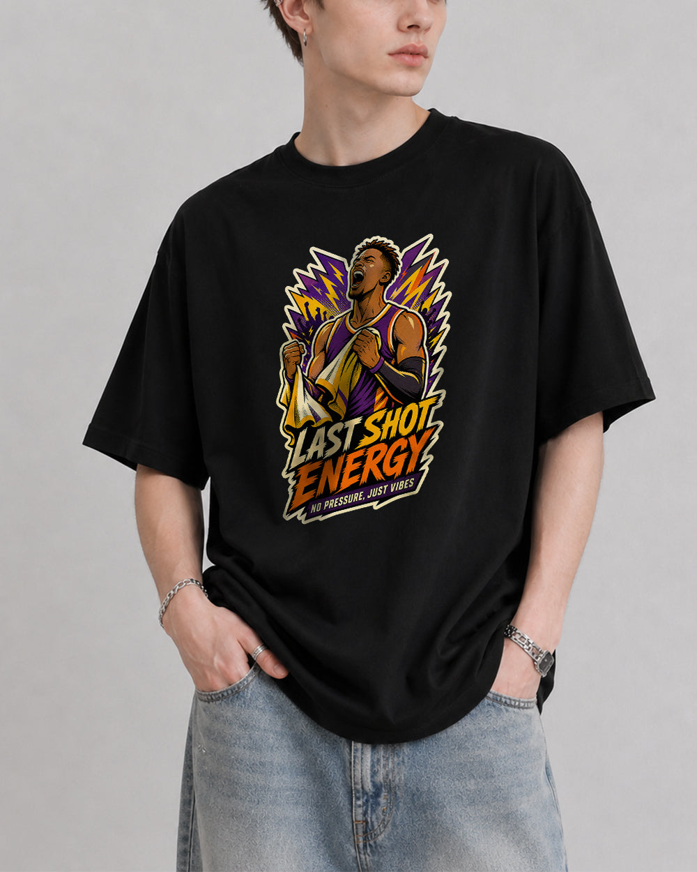 Last Shot Energy, No Pressure Just Vibes Sports Graphic T-Shirt in Black, front model view 1