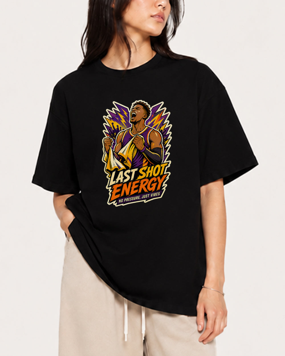 Last Shot Energy, No Pressure Just Vibes Sports Graphic T-Shirt in Black, front model view 2
