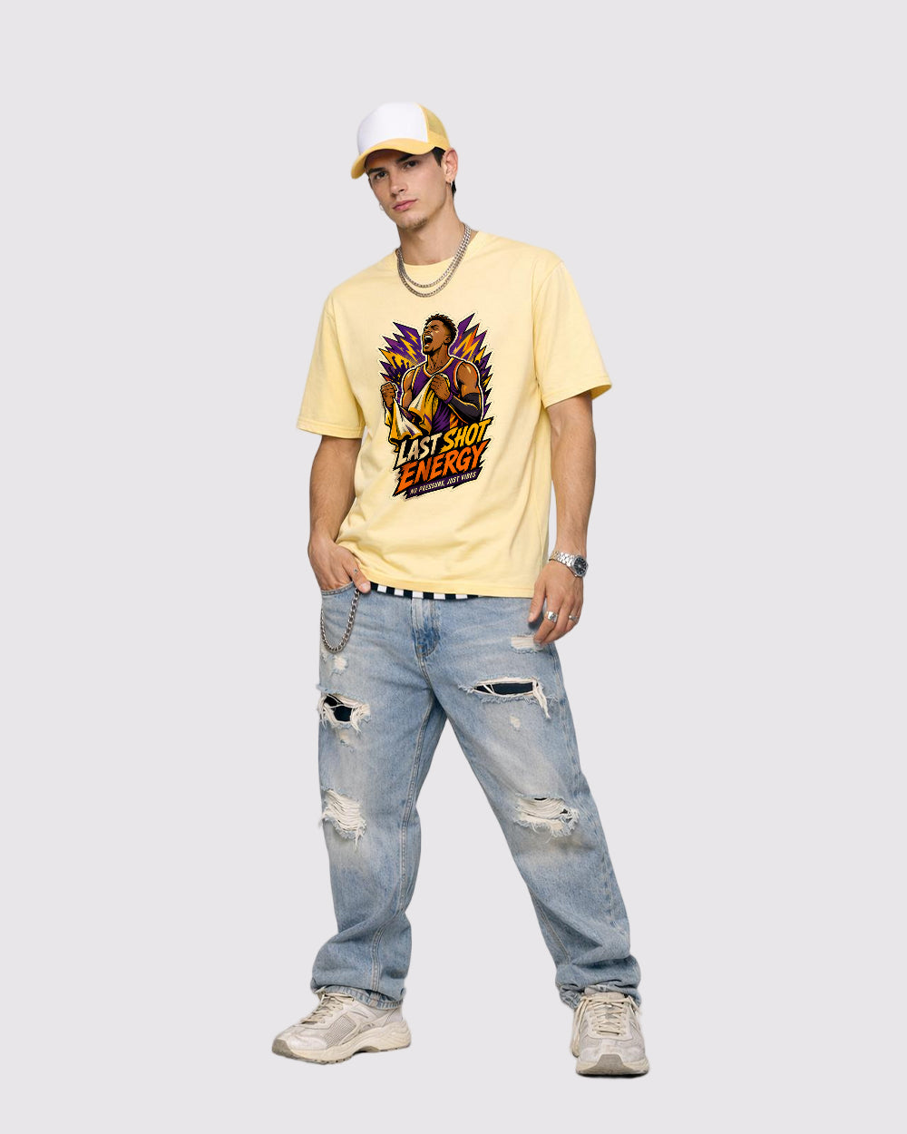 Last Shot Energy, No Pressure Just Vibes Sports Graphic T-Shirt, full body fit view, image 2