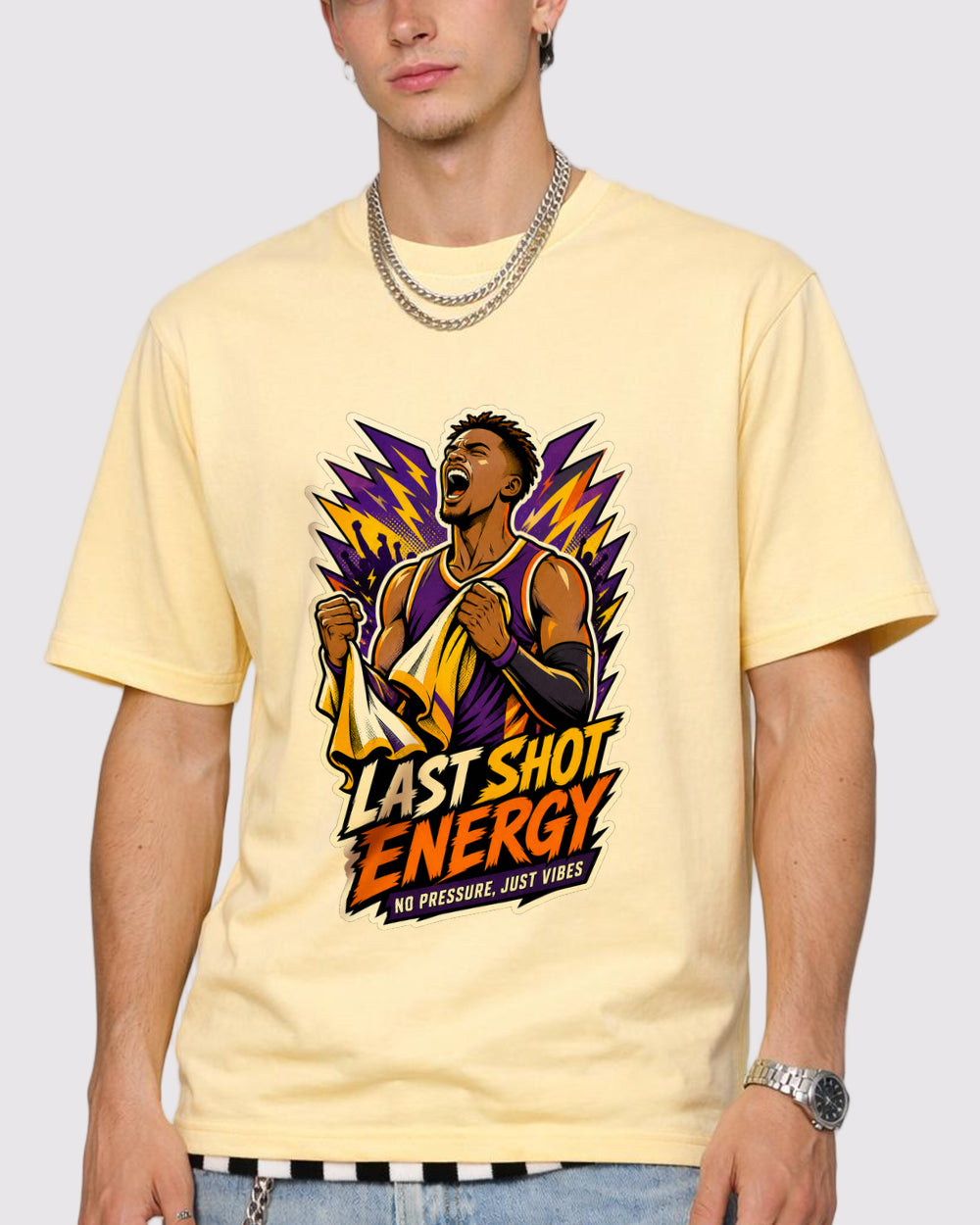 Last Shot Energy, No Pressure Just Vibes Sports Graphic T-Shirt, primary front view, image 1