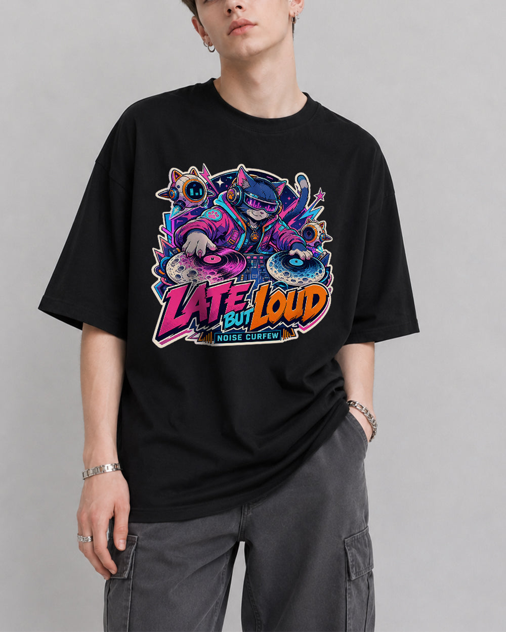 Late Loud, No Curfew Streetwear Graphic T-Shirt in Black, front model view 1