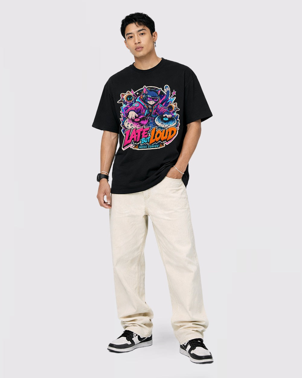 Late Loud, No Curfew Streetwear Graphic T-Shirt, full body fit view, image 2