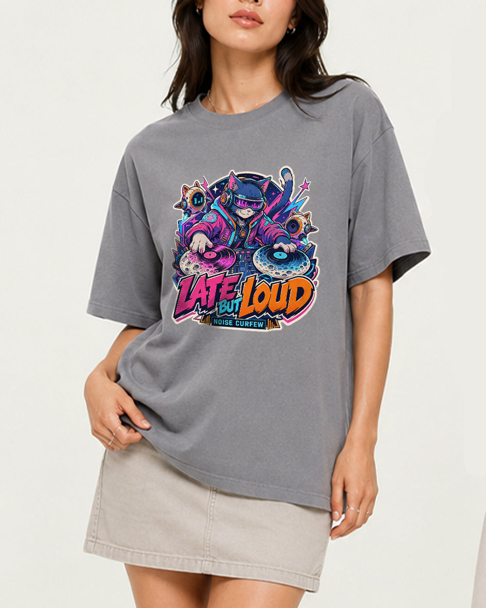 Late Loud, No Curfew Streetwear Graphic T-Shirt in Gray, front model view 3