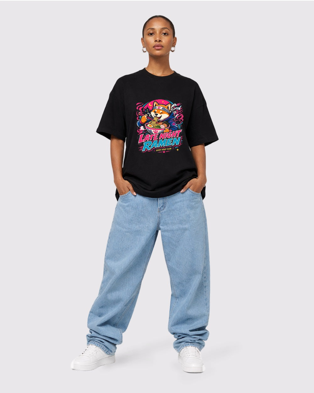 Beige Late Night Ramen Graphic T-Shirt full body fit view 2 image