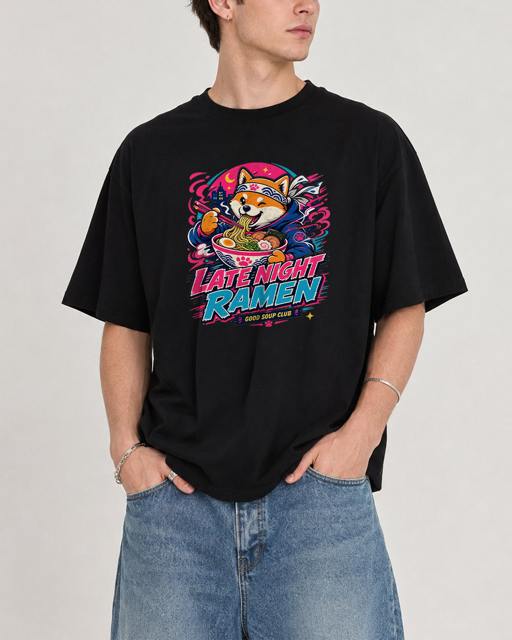 Late Night Ramen Graphic T-Shirt in Black, front model view 1