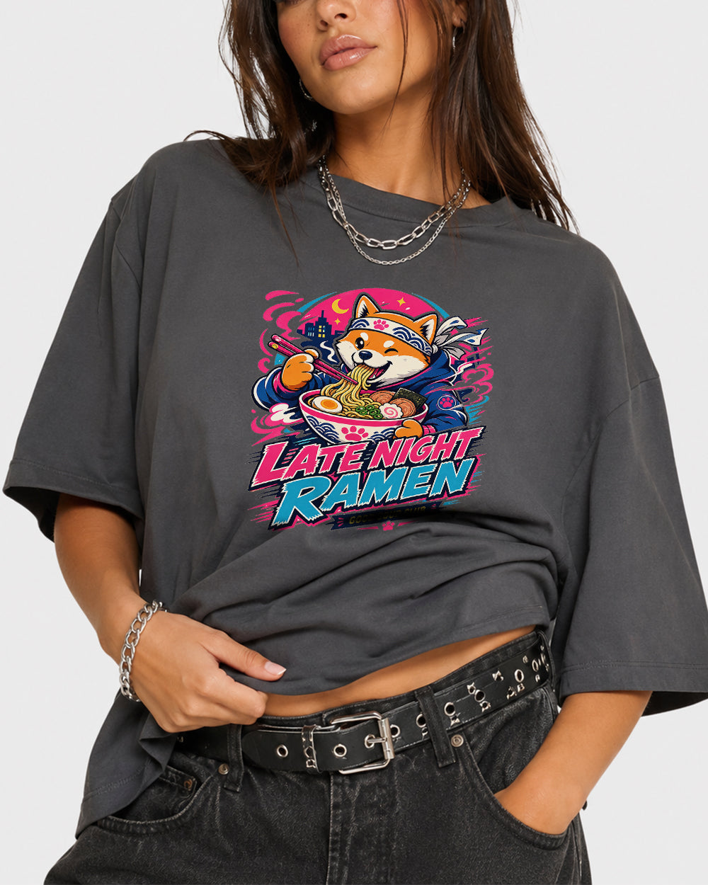 Late Night Ramen Graphic T-Shirt in Gray, front model view 3