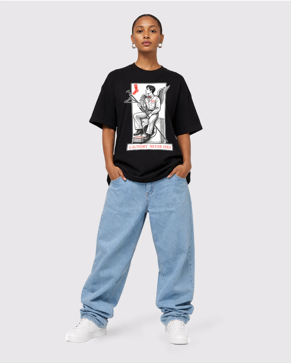 Laundry Never Dies Retro Graphic T-Shirt, full body fit view, image 2