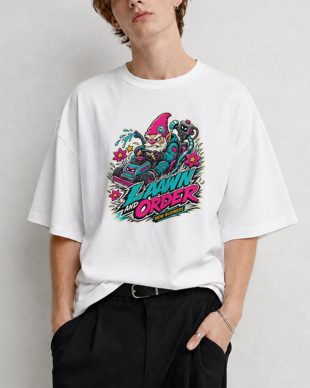 Lawn And Order Streetwear Graphic T-Shirt in White, front model view 5