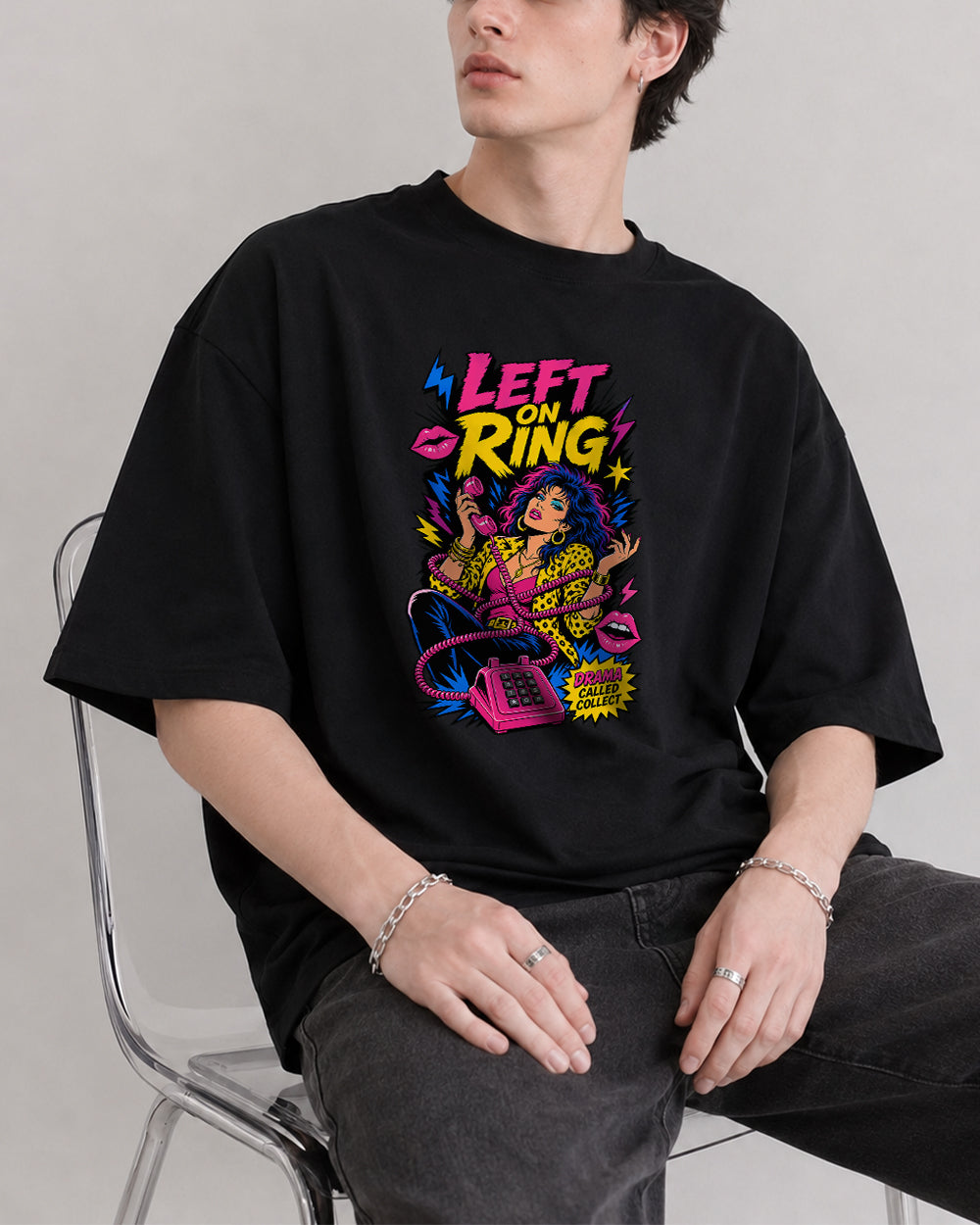 Left On Read, Drama Called Collect Retro Graphic T-Shirt in Black, front model view 1