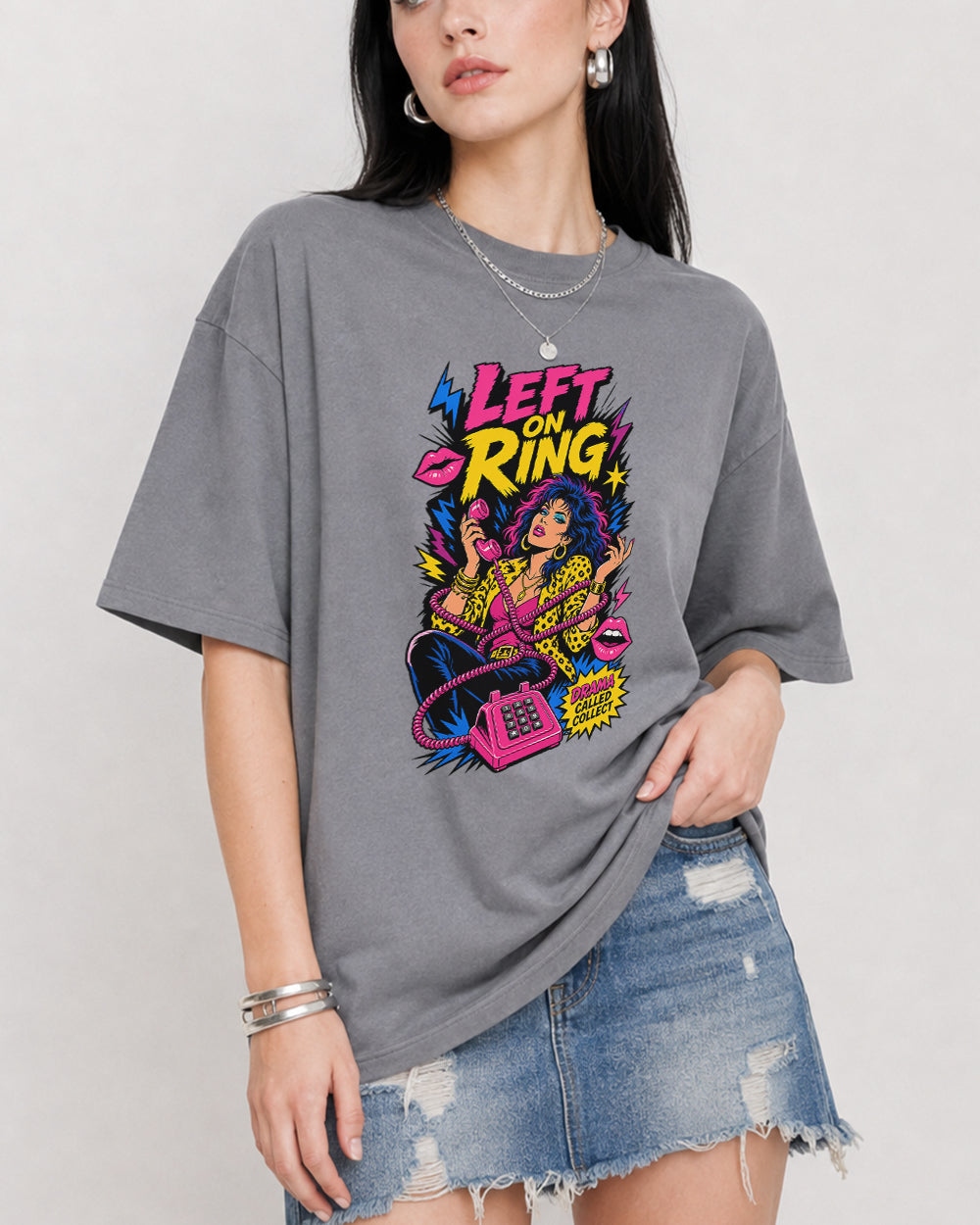 Left On Read, Drama Called Collect Retro Graphic T-Shirt in Gray, front model view 3