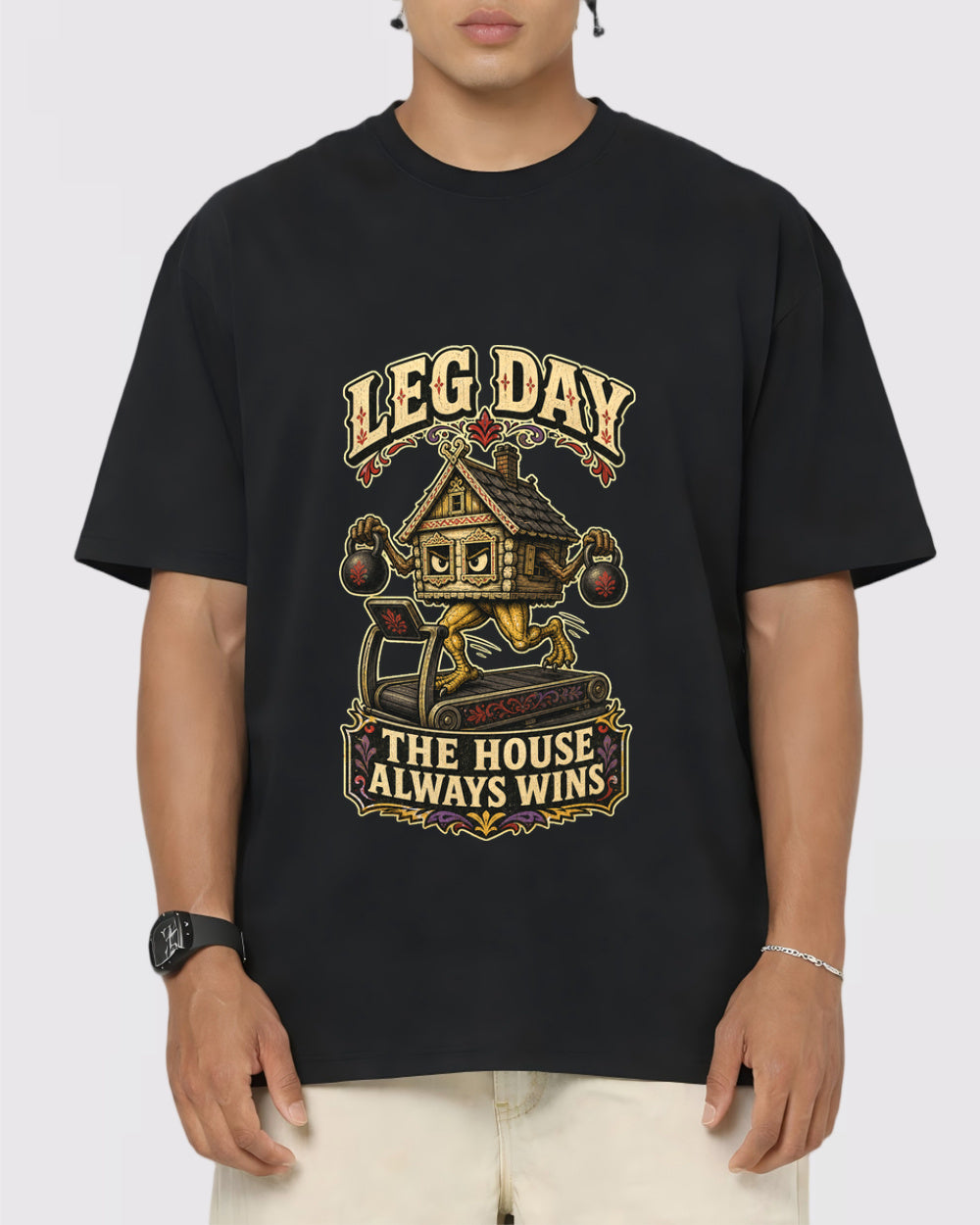 Leg Day, The House Always Wins Retro Graphic T-Shirt, primary front view, image 1