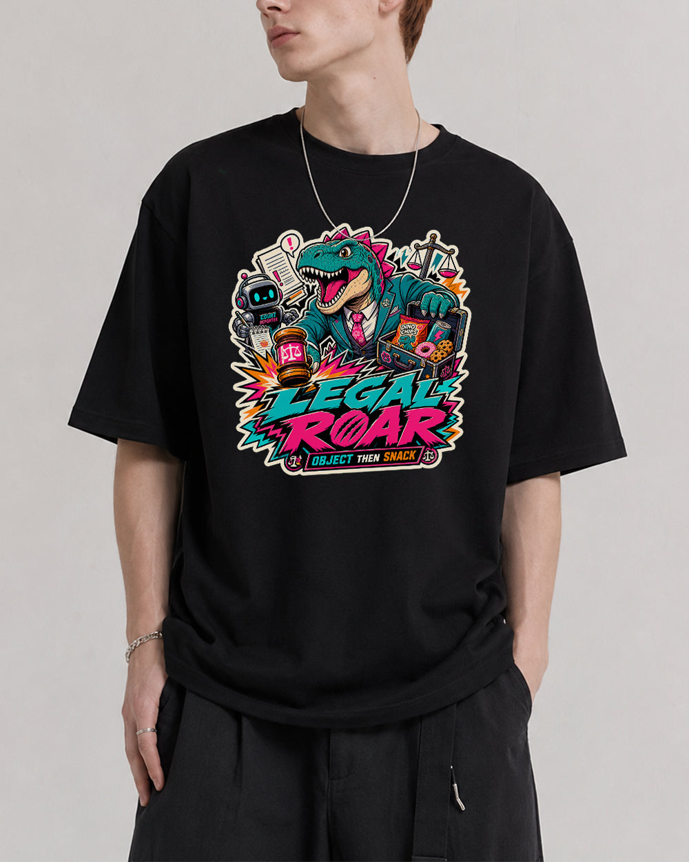 Legal Roar, Object Then Snack Streetwear Graphic T-Shirt in Black, front model view 1