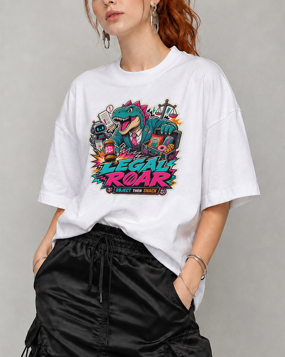 Legal Roar, Object Then Snack Streetwear Graphic T-Shirt in White, front model view 5
