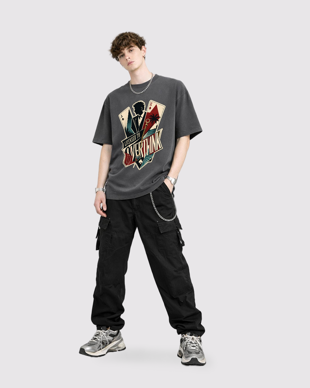 Licensed To Overthink Collage Retro Graphic T-Shirt, full body fit view, image 2