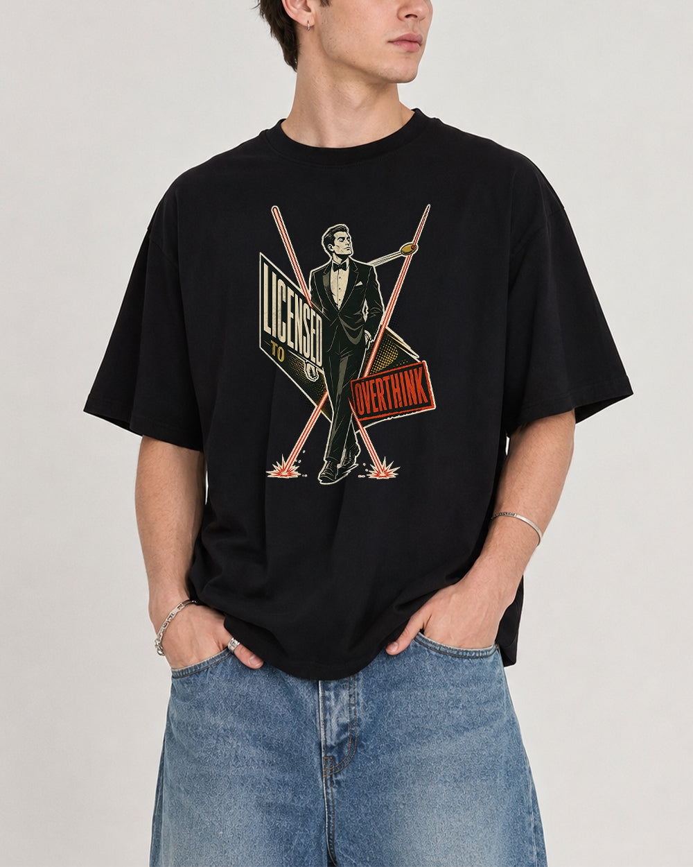 Licensed To Overthink Retro Graphic T-Shirt in Black, front model view 1