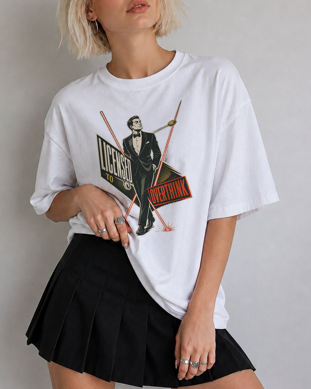 Licensed To Overthink Retro Graphic T-Shirt in White, front model view 7